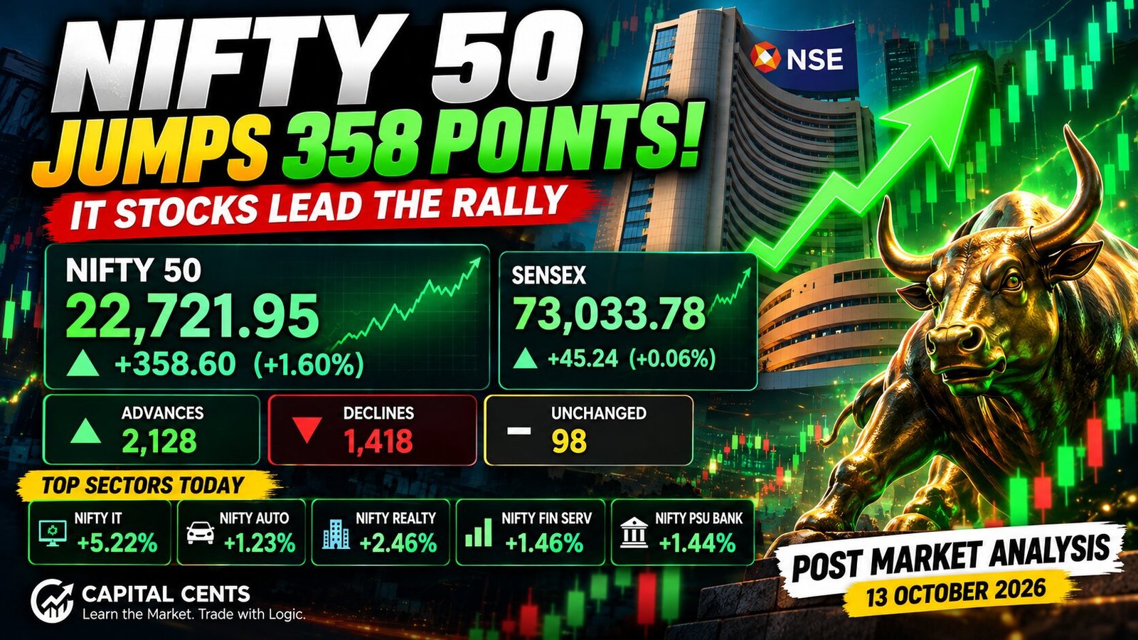 Nifty 50 gains 358 points as IT stocks lead the Indian stock market rally on 13 October 2026.